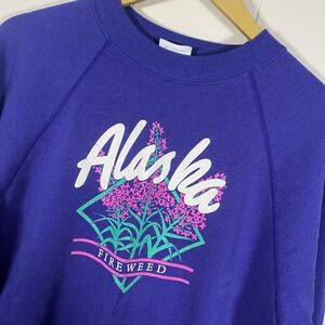 Vintage Alaska Fireweed Puffed Graphic Sweatshirt Purple Raglan Sleeve Size L